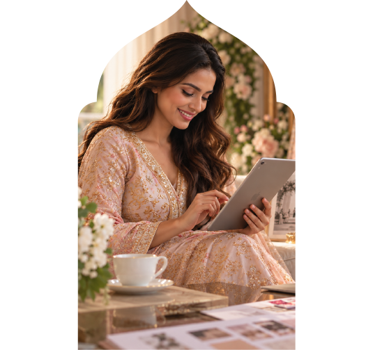 A guest reviewing her look-book on a tablet