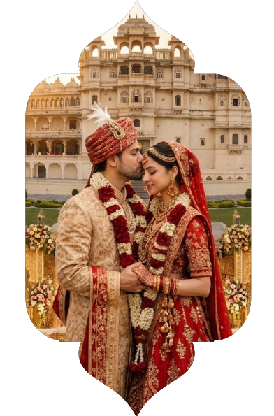 A couple at their wedding, foreheads touching, with a palace in the background
